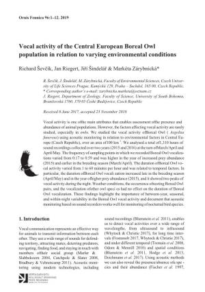 Vocal Activity of the Central European Boreal Owl Population in Relation to Varying Environmental Conditions