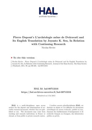 Pierre Dupont's L'archéologie Mône De Dvāravatī and Its English Translation by Joyanto K. Sen, in Relation with Cont