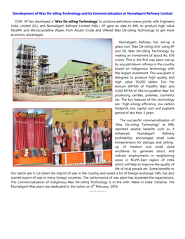 Development of Wax De-Oiling Technology and Its Commercialization at Numaligarh Refinery Limited