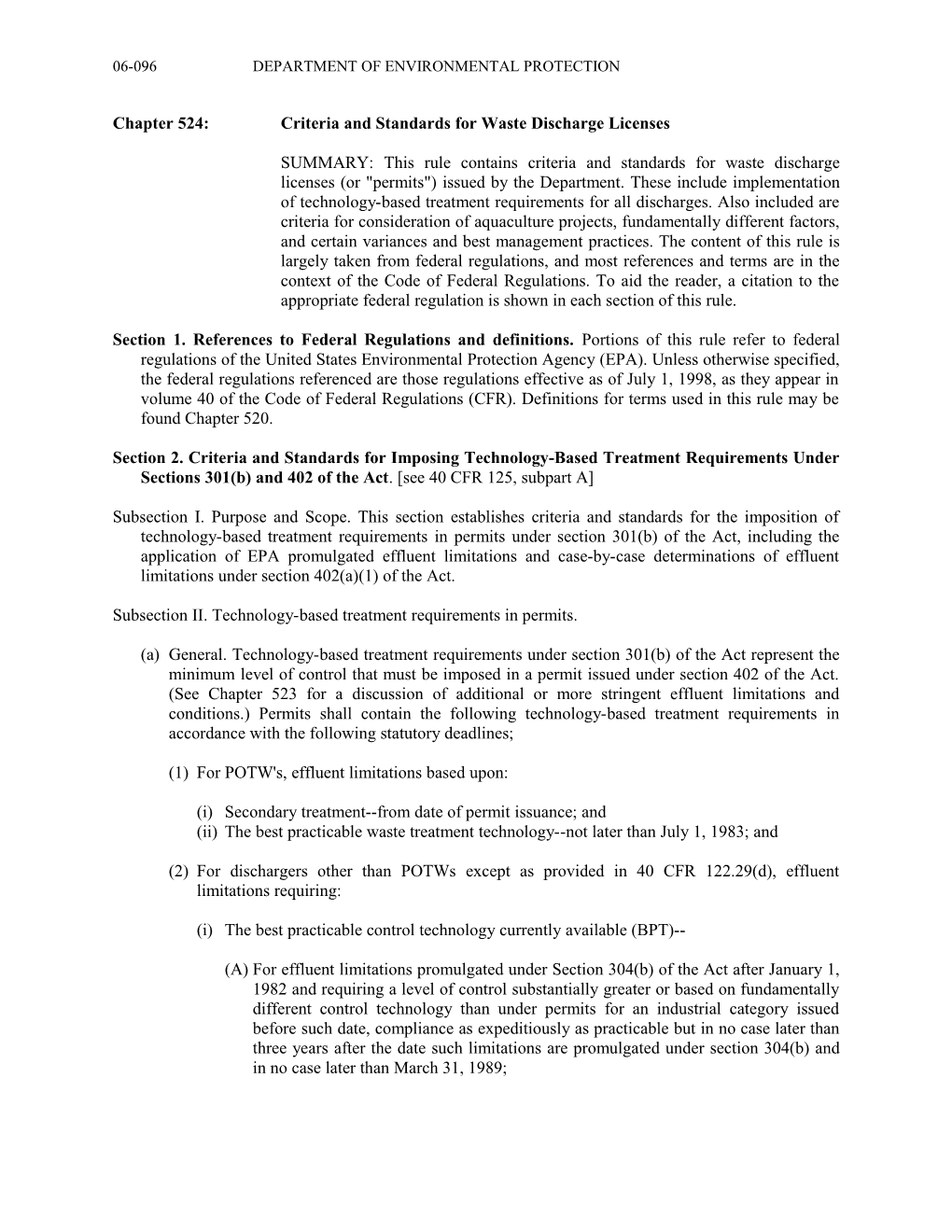 Chapter 524: Criteria and Standards for Waste Discharge Licenses