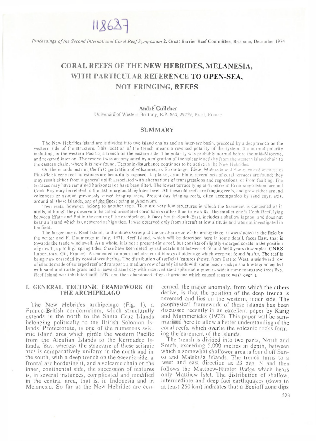 Coral Reefs of the New Hebrides, Melanesia, with Particular Reference to Open-Sea, Not Fringing, Reefs