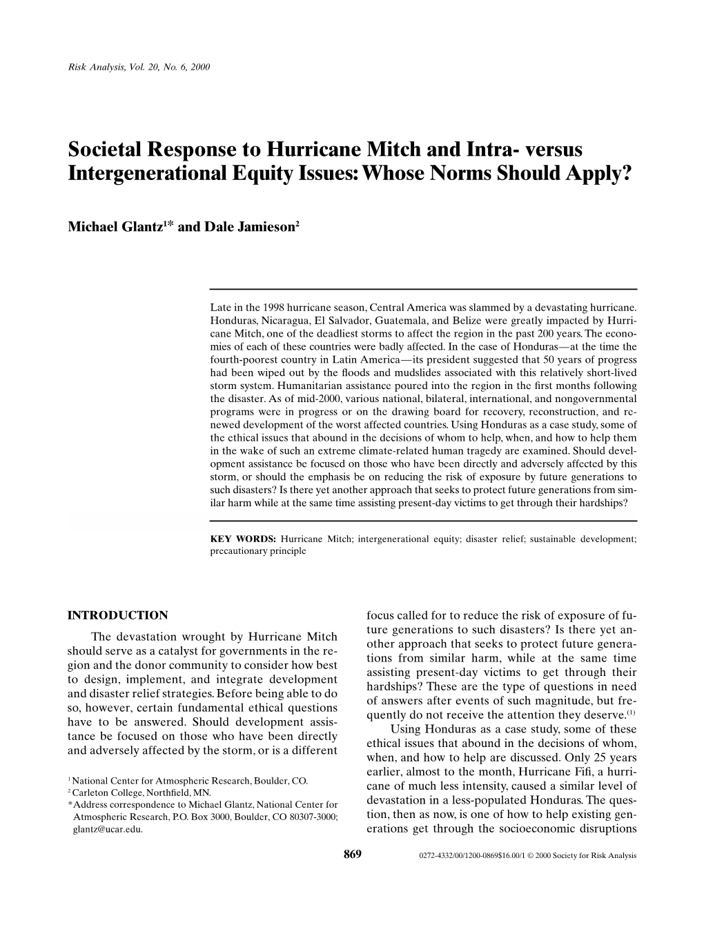 Societal Response to Hurricane Mitch and Intra- Versus Intergenerational Equity Issues: Whose Norms Should Apply?