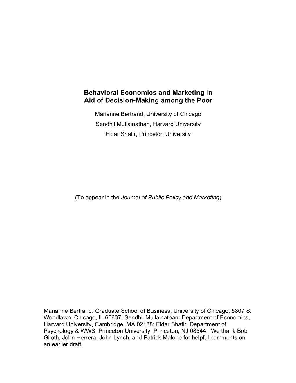 Behavioral Economics and Marketing in Aid of Decision-Making Among the Poor