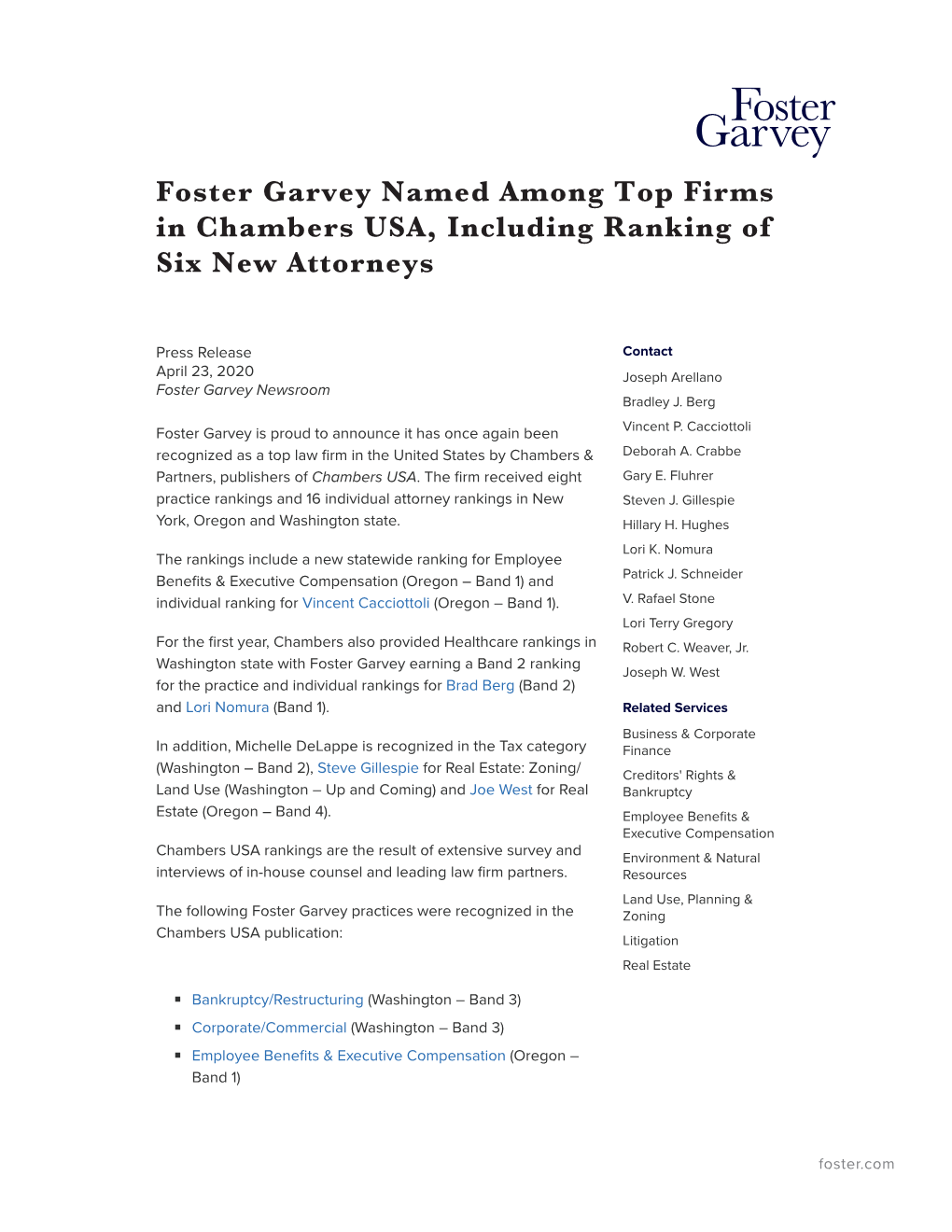 Foster Garvey Named Among Top Firms in Chambers USA, Including Ranking of Six New Attorneys