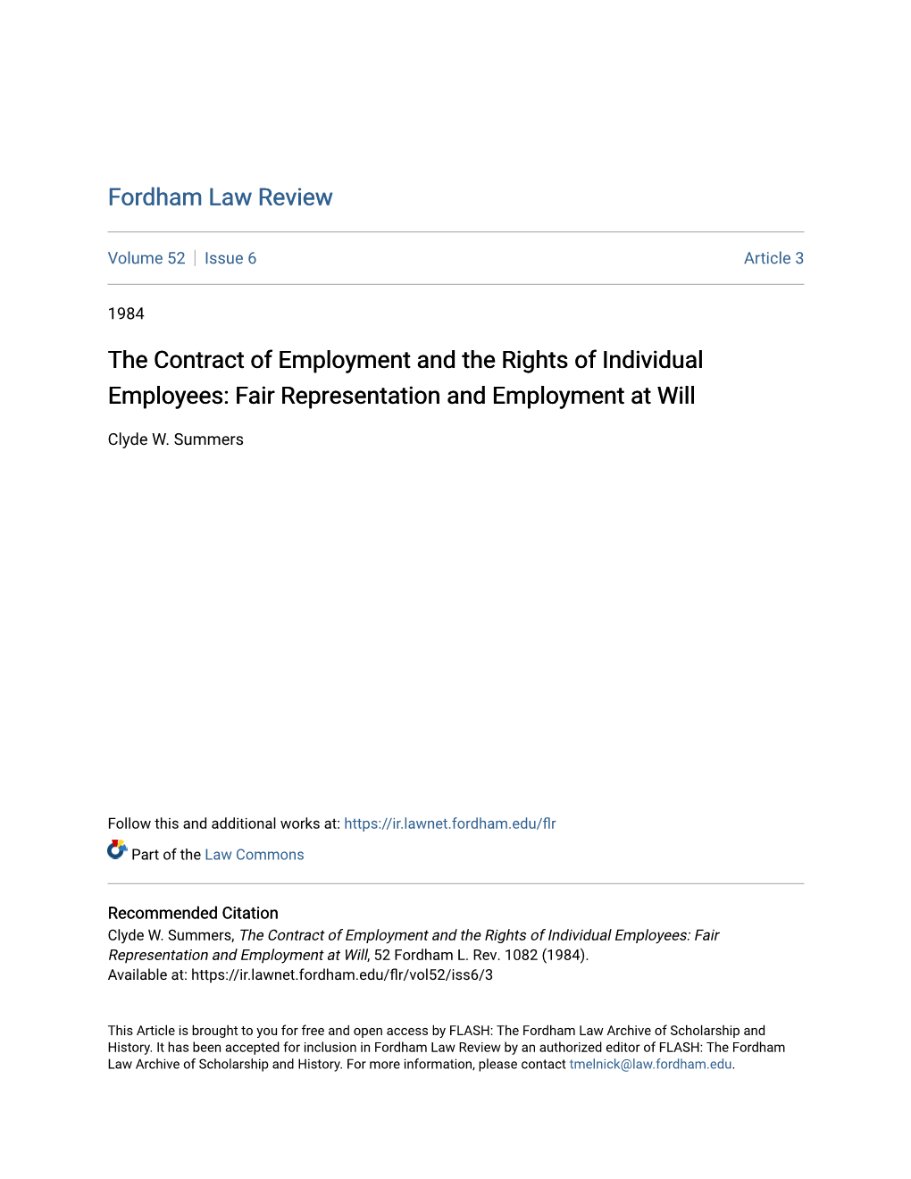 The Contract of Employment and the Rights of Individual Employees: Fair Representation and Employment at Will