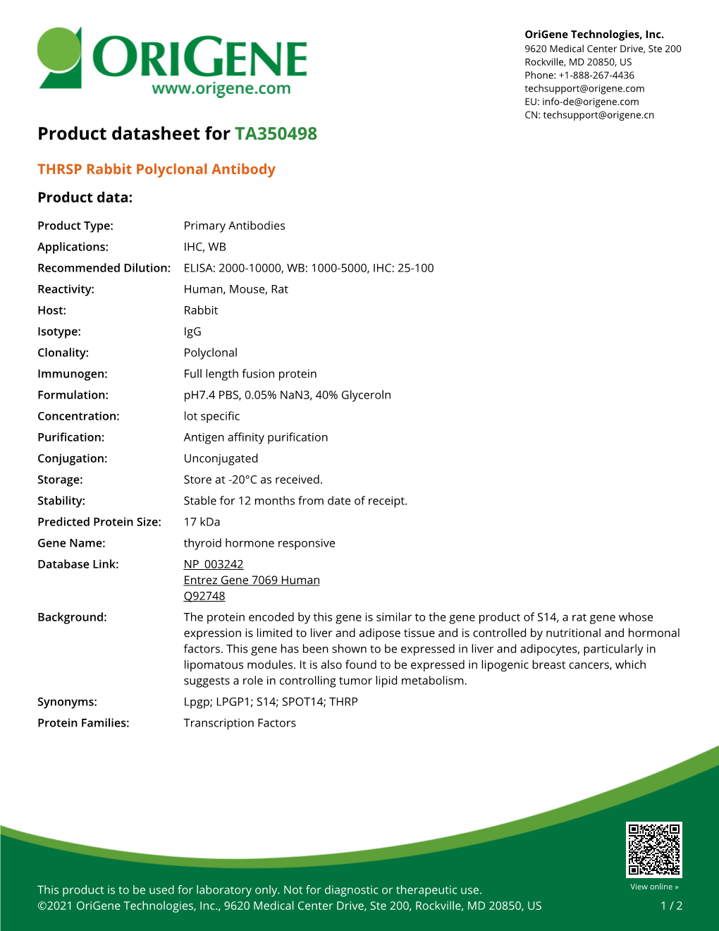 THRSP Rabbit Polyclonal Antibody – TA350498 | Origene