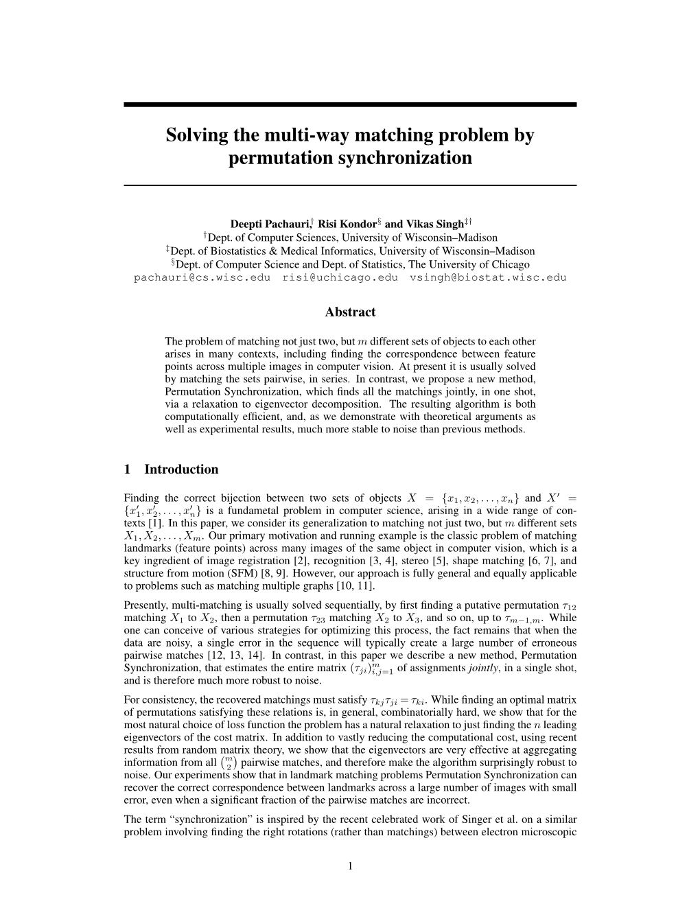 Solving the Multi-Way Matching Problem by Permutation Synchronization