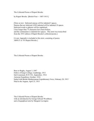 Poems of Rupert Brooke by Rupert Brooke [British Poet -- 1887-1915.]
