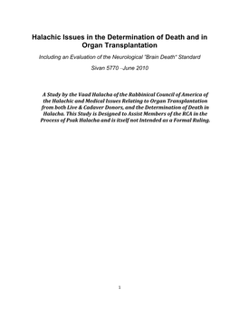 Vaad Halacha Teshuvah on Brain Death and Organ Transplantation