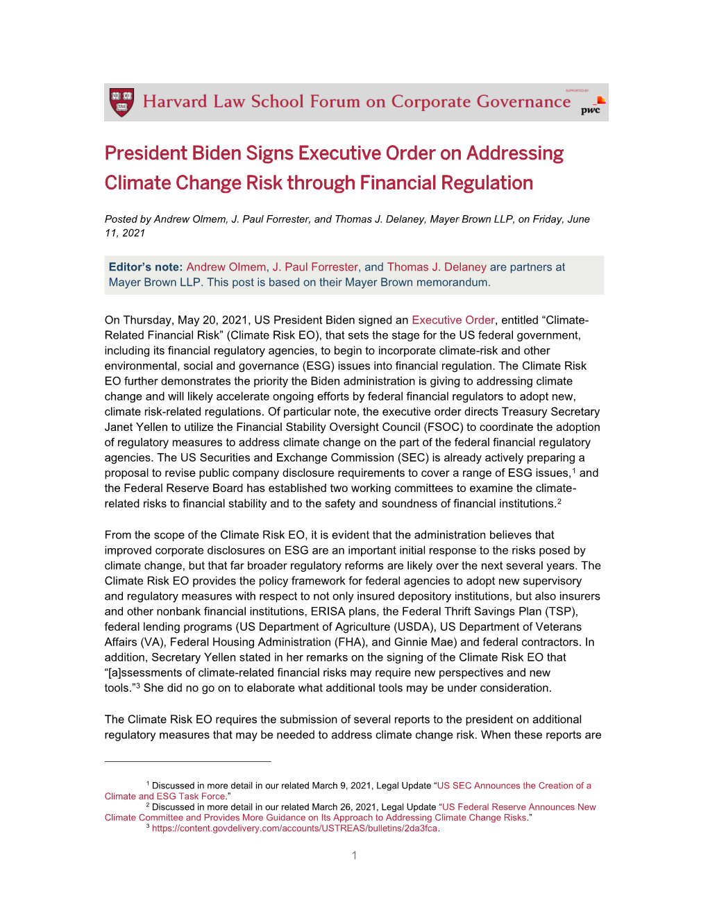 President Biden Signs Executive Order on Addressing Climate Change Risk Through Financial Regulation