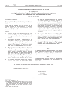 (EU) No 305/2014 of 25 March 2014 Concerning the Authorisation of Propionic Acid, Sodium Prop