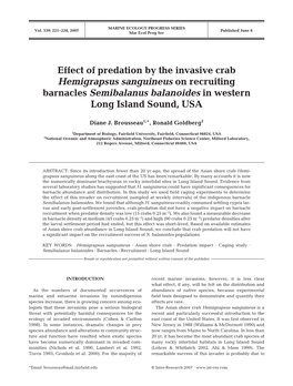 Effect of Predation by the Invasive Crab Hemigrapsus Sanguineus on Recruiting Barnacles Semibalanus Balanoides in Western Long Island Sound, USA