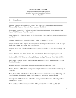 GENDER Comprehensive Examination Reading List School of Sociology, University of Arizona Revised May 2019