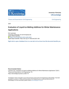 Evaluation of Liquid Ice Melting Additives for Winter Maintenance Applications