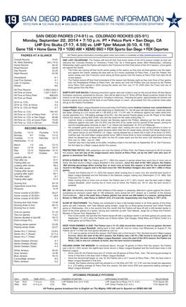 Padres Game Notes Vs