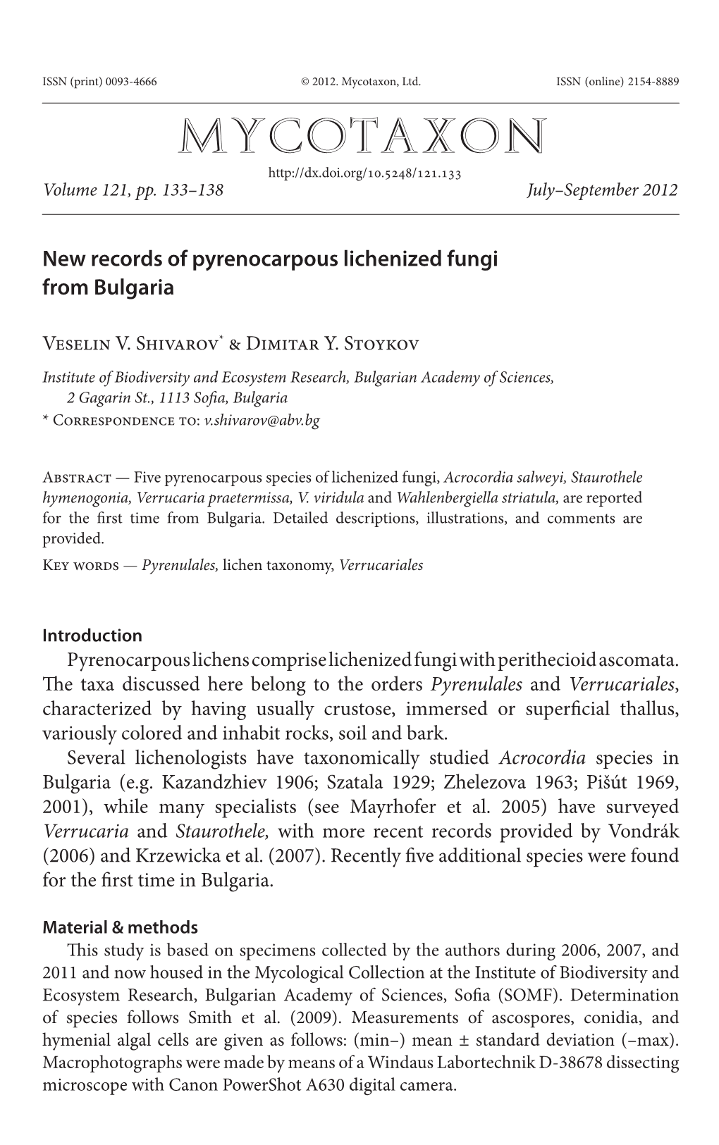 New Records of Pyrenocarpous Lichenized Fungi from Bulgaria