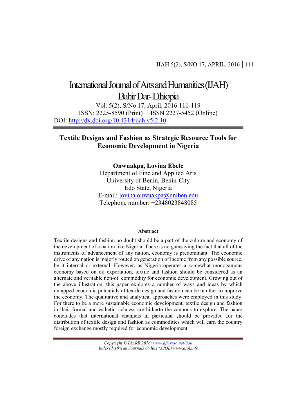 International Journal of Arts and Humanities(IJAH) Bahir Dar- Ethiopia