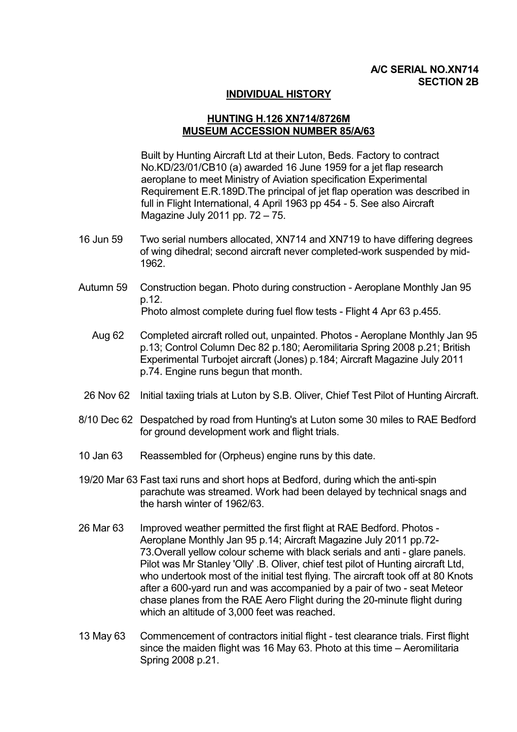 A/C Serial No.Xn714 Section 2B Individual History