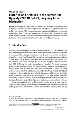 Libraries and Archives in the Former Han Dynasty (206 BCE–9 CE): Arguing for a Distinction