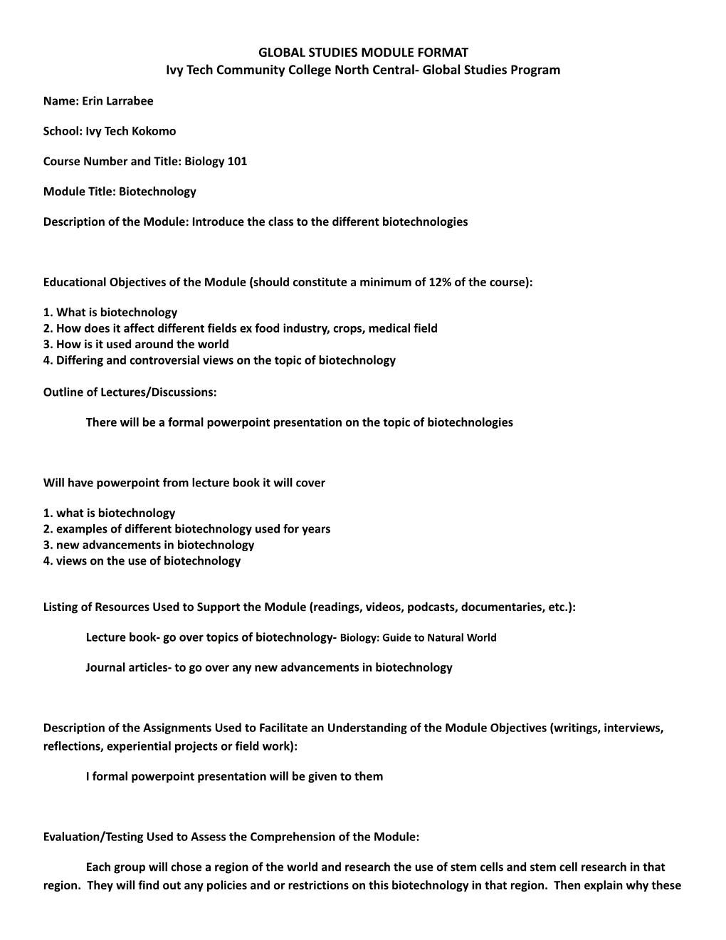 Global Studies Module Format