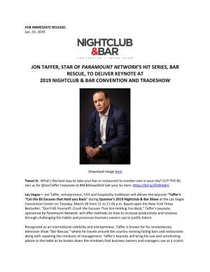 Jon Taffer, Star of Paramount Network's Hit Series, Bar Rescue, to Deliver