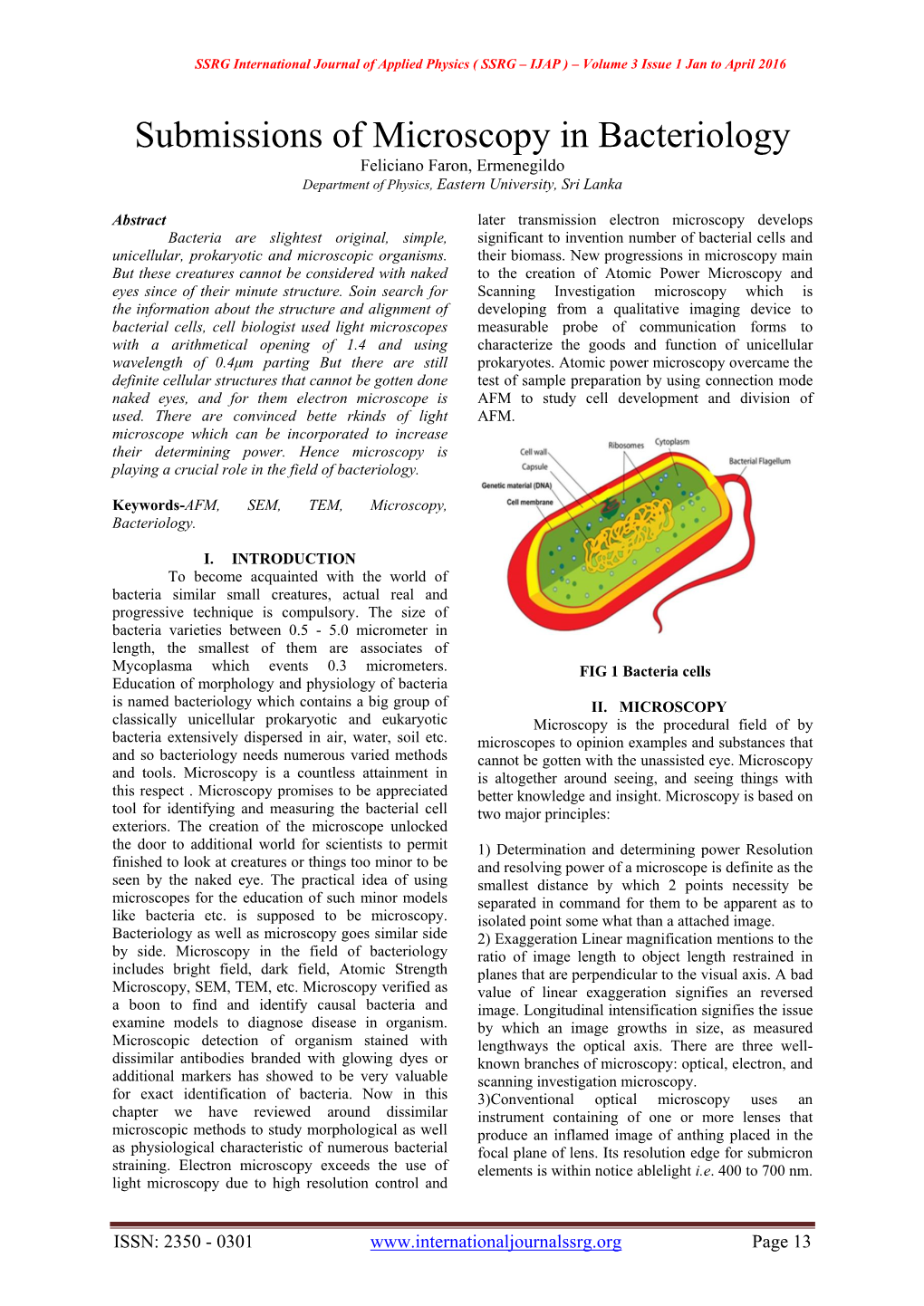 Submissions of Microscopy in Bacteriology Feliciano Faron, Ermenegildo Department of Physics, Eastern University, Sri Lanka