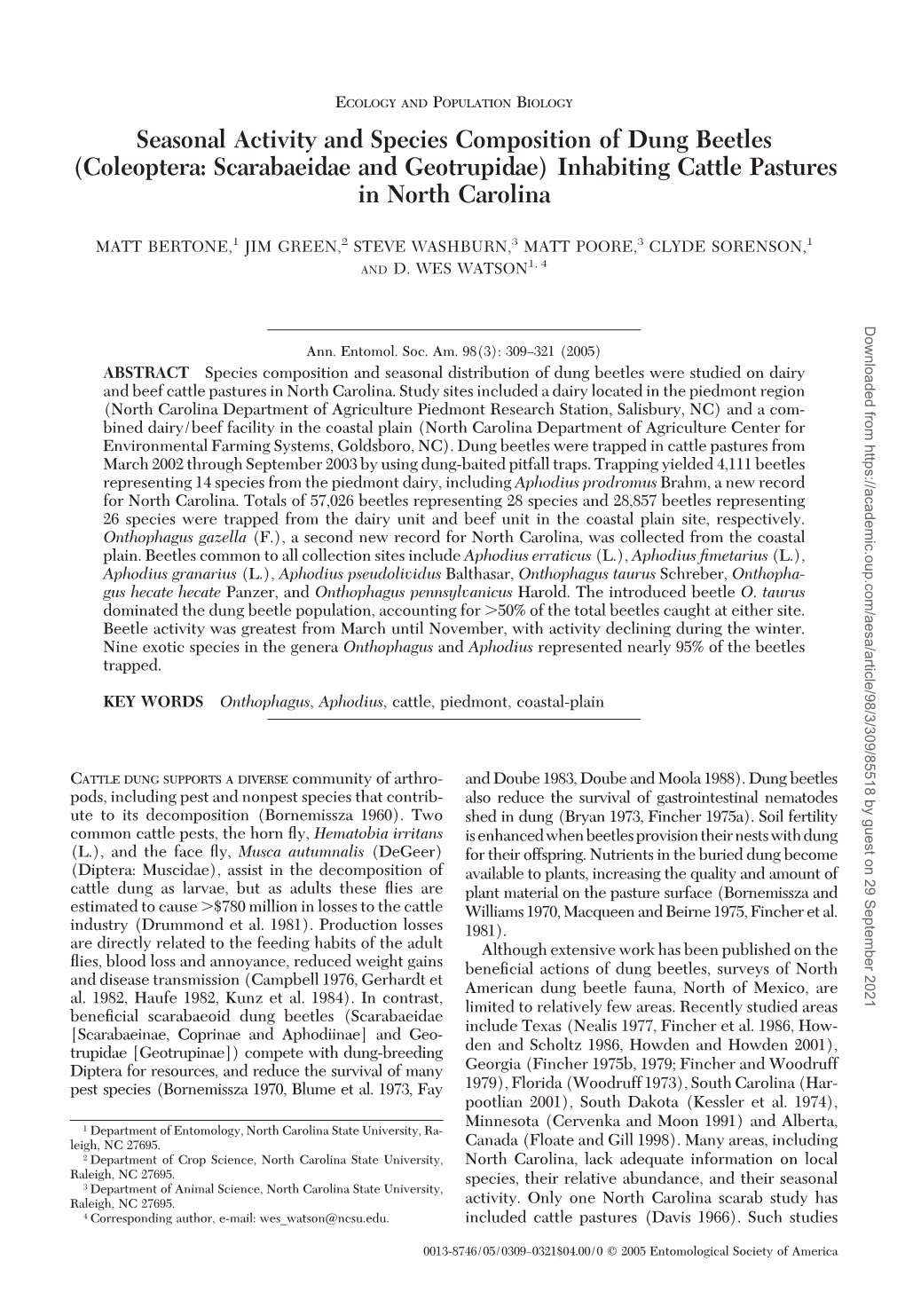 Seasonal Activity and Species Composition of Dung Beetles (Coleoptera: Scarabaeidae and Geotrupidae) Inhabiting Cattle Pastures in North Carolina