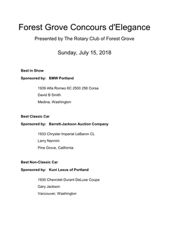 2018 Forest Grove Concours Results