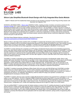 Silicon Labs Simplifies Bluetooth Smart Design with Fully Integrated Blue Gecko Module