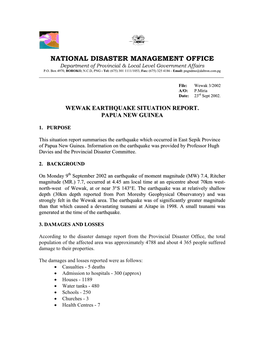 NATIONAL DISASTER MANAGEMENT OFFICE Department of Provincial & Local Level Government Affairs P.O