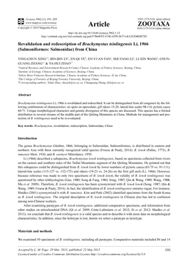 Revalidation and Redescription of Brachymystax Tsinlingensis Li, 1966 (Salmoniformes: Salmonidae) from China