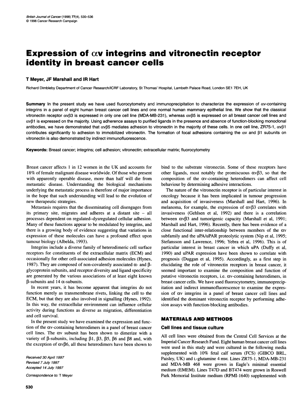 Expression of Xv Integrins and Vitronectin Receptor Identity in Breast Cancer Cells