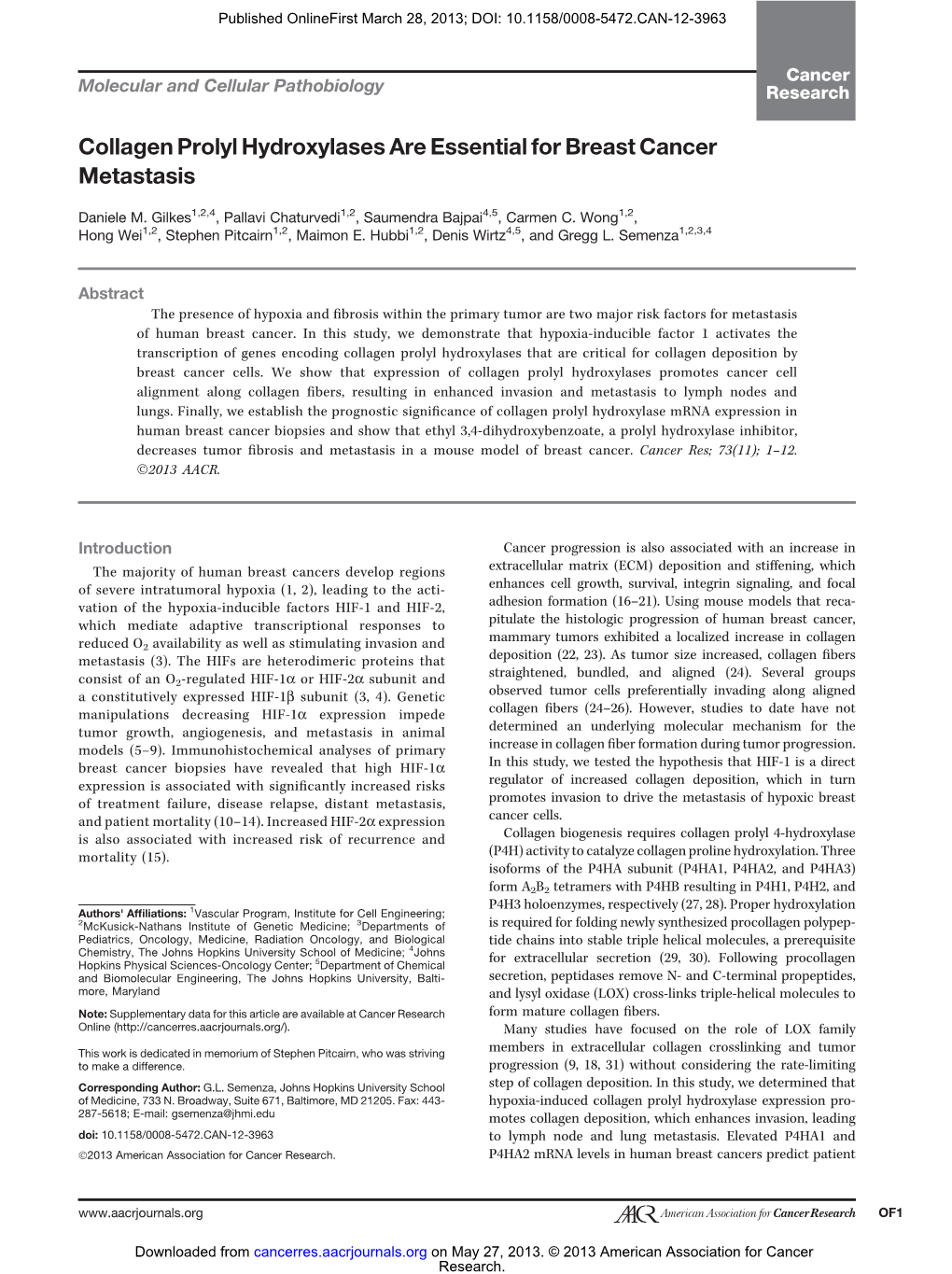 Collagen Prolyl Hydroxylases Are Essential for Breast Cancer Metastasis