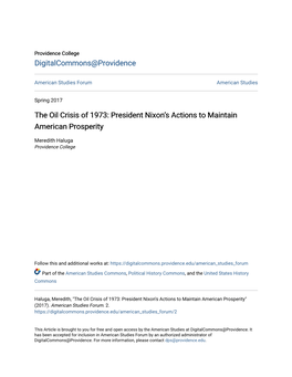 The Oil Crisis of 1973: President Nixon’S Actions to Maintain American Prosperity