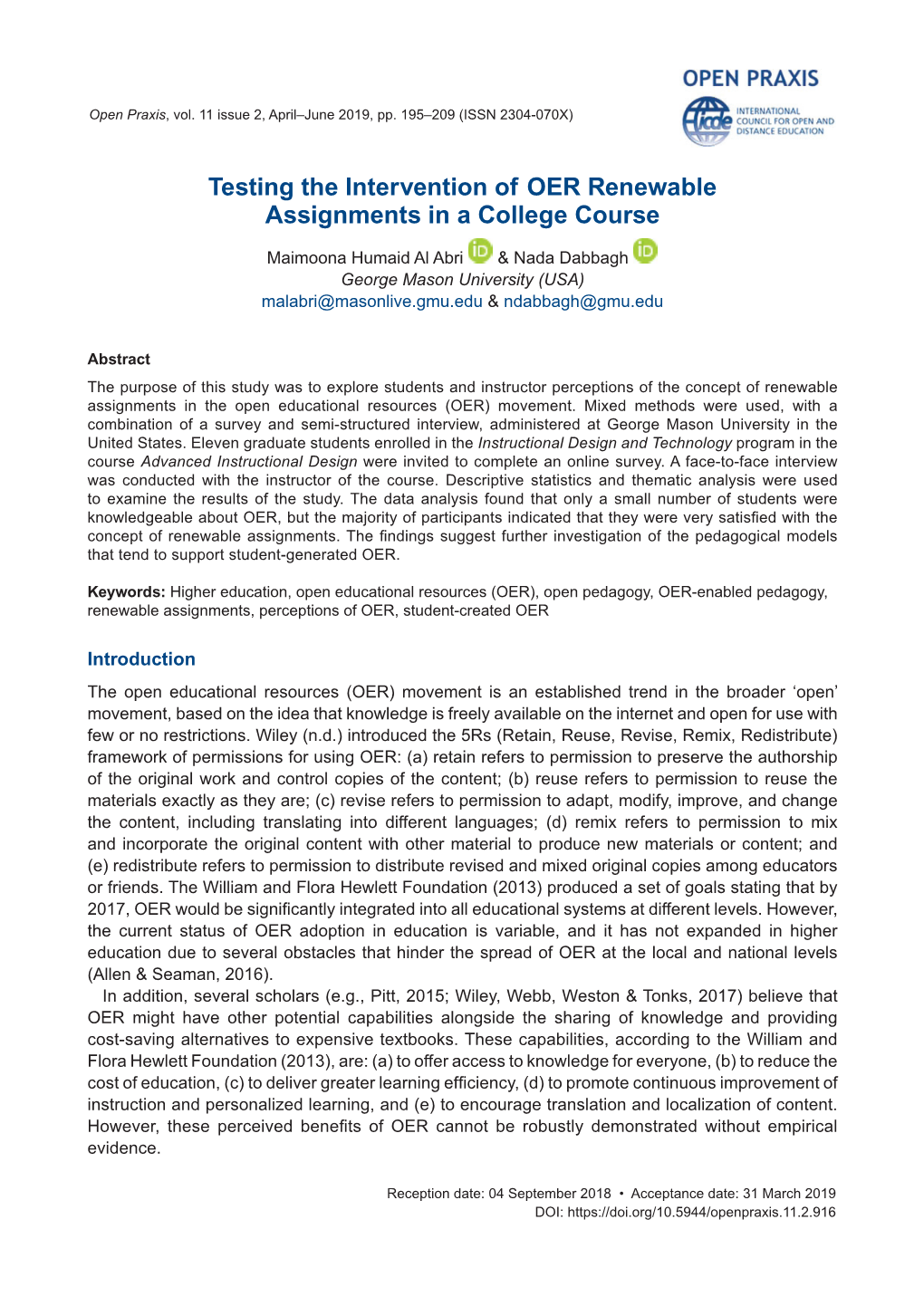 Testing the Intervention of OER Renewable Assignments in a College Course