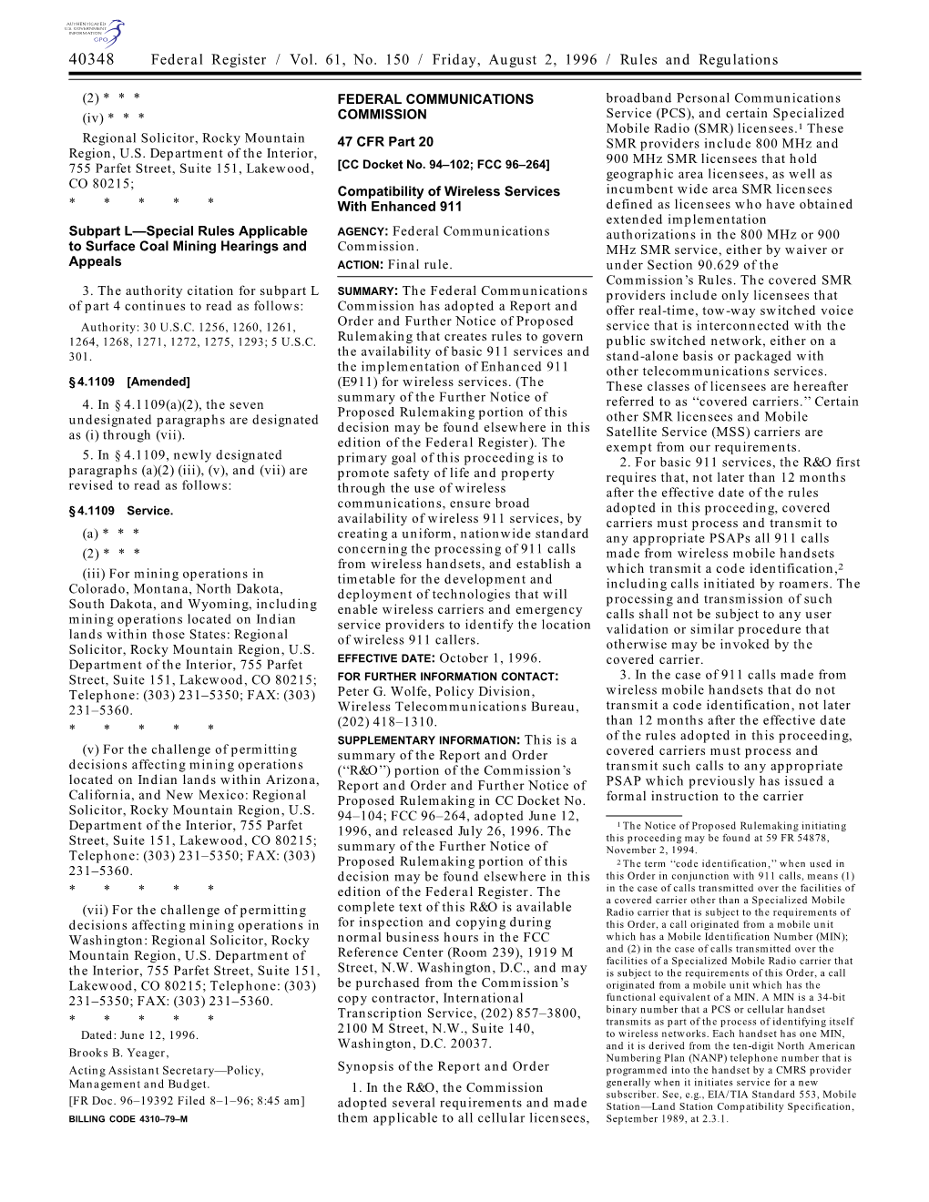 Federal Register / Vol. 61, No. 150 / Friday, August 2, 1996 / Rules and Regulations