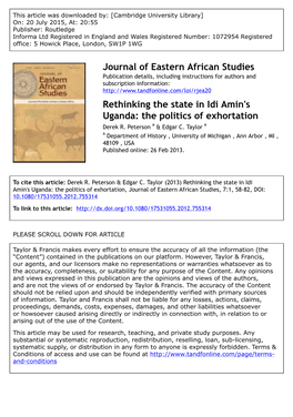 Journal of Eastern African Studies Rethinking the State in Idi Amin's Uganda: the Politics of Exhortation