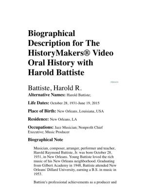 Biographical Description for the Historymakers® Video Oral History with Harold Battiste