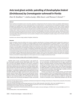 Ants Tend Ghost Orchids: Patrolling of Dendrophylax Lindenii (Orchidaceae) by Crematogaster Ashmeadi in Florida