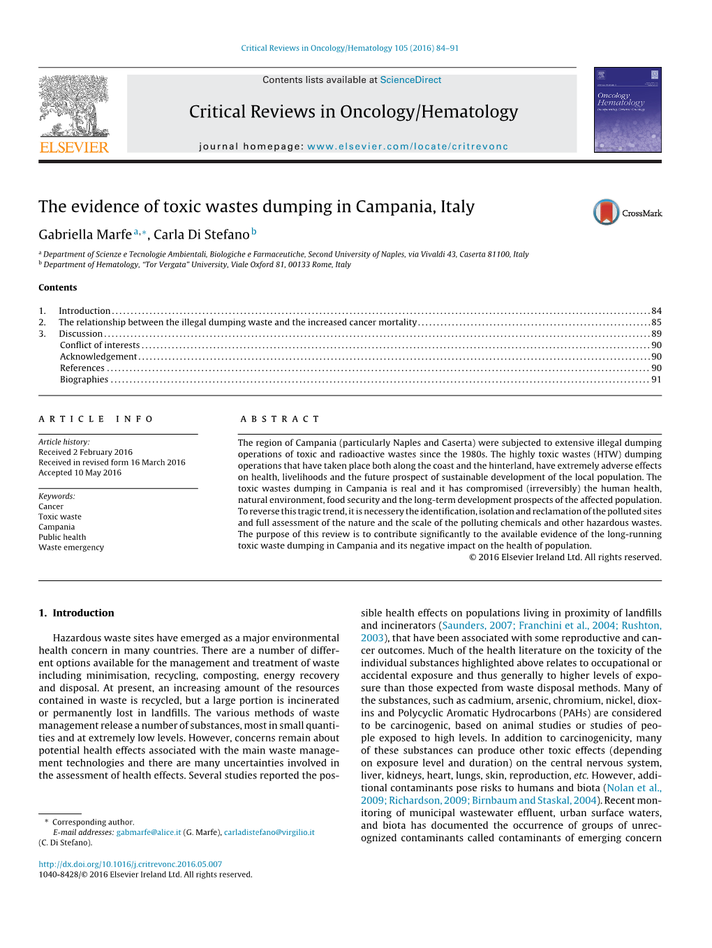 The Evidence of Toxic Wastes Dumping in Campania, Italy