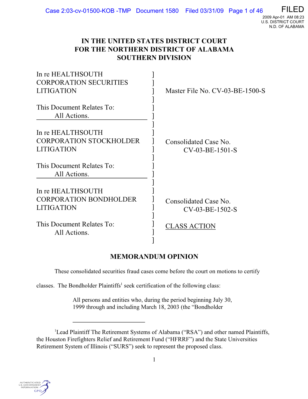 In the United States District Court for the Northern District of Alabama Southern Division