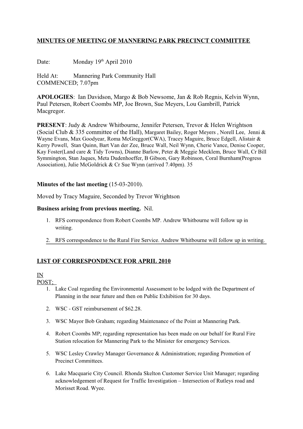 Minutes of Meeting of Mannering Park Precinct Committee