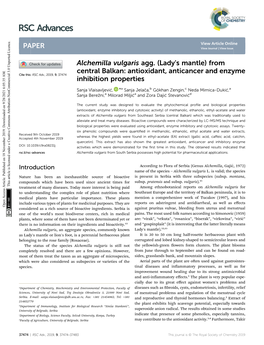 Alchemilla Vulgaris Agg. (Lady's Mantle) from Central Balkan: Antioxidant, Anticancer and Enzyme Cite This: RSC Adv.,2019,9,37474 Inhibition Properties