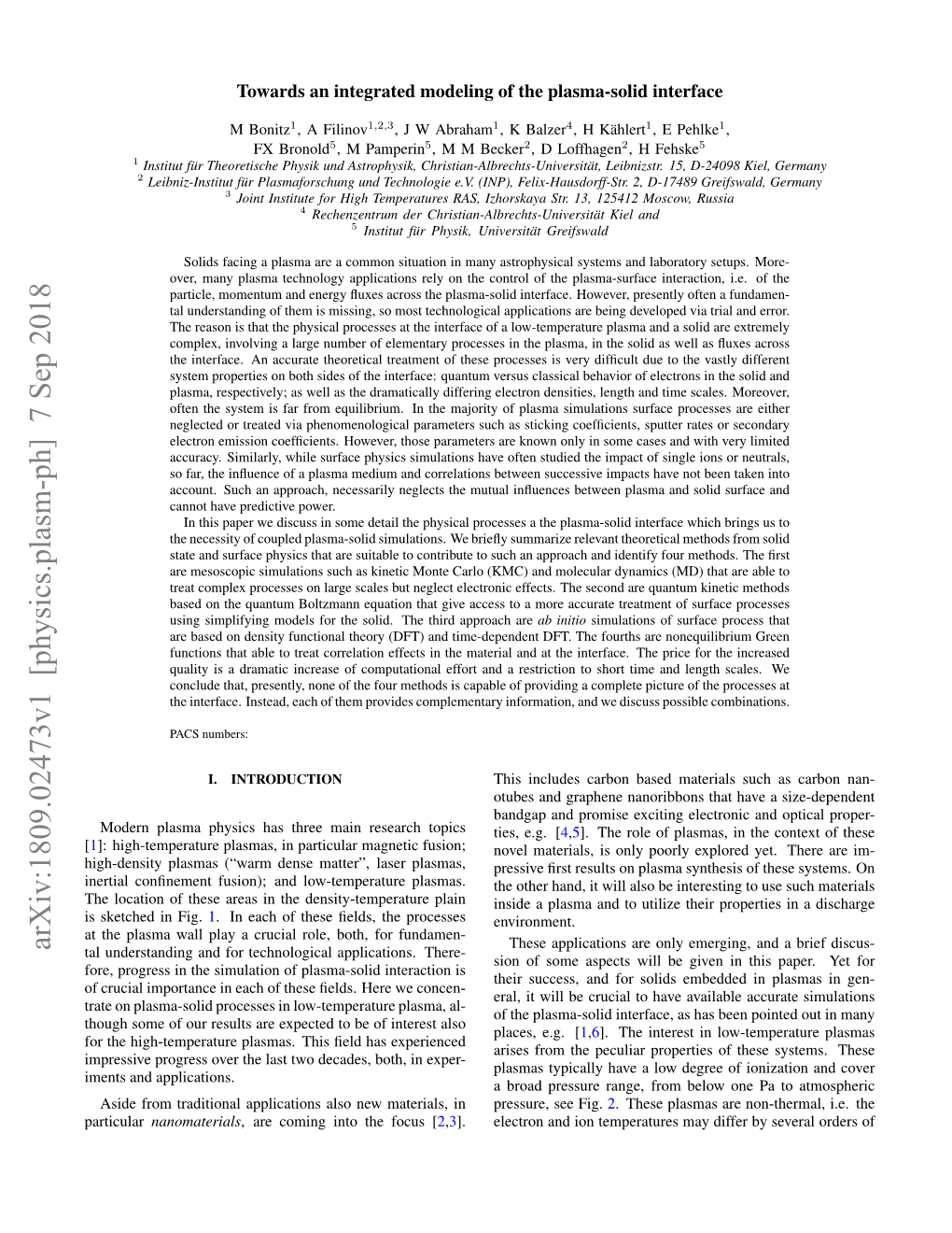 Arxiv:1809.02473V1 [Physics.Plasm-Ph] 7 Sep 2018 These Applications Are Only Emerging, and a Brief Discus- Tal Understanding and for Technological Applications