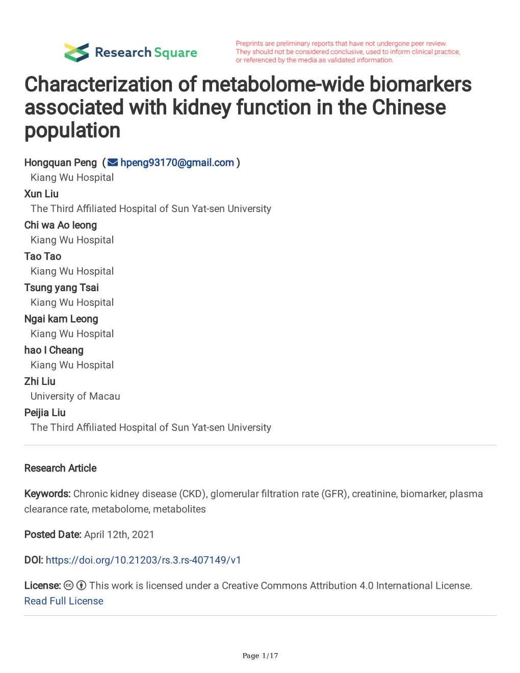 Characterization of Metabolome-Wide Biomarkers Associated with Kidney Function in the Chinese Population