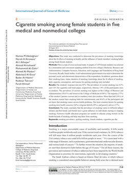 Cigarette Smoking Among Female Students in Five Medical and Nonmedical Colleges
