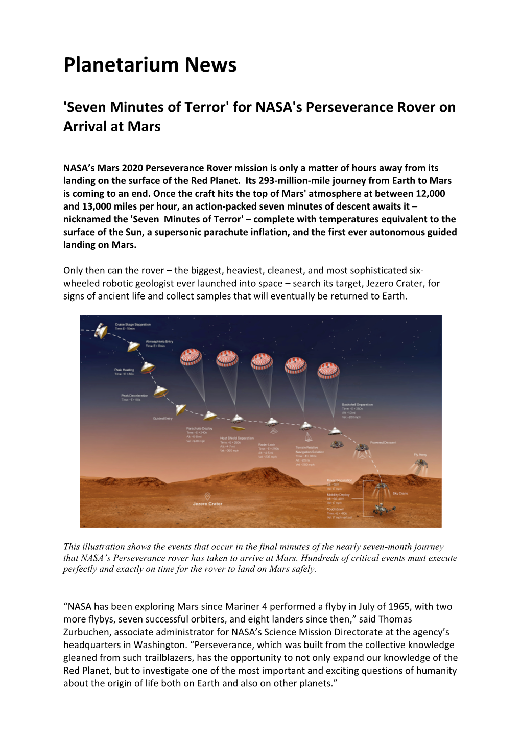 'Seven Minutes of Terror' for NASA's Perseverance Rover on Arrival at Mars