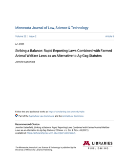Rapid Reporting Laws Combined with Farmed Animal Welfare Laws As an Alternative to Ag-Gag Statutes