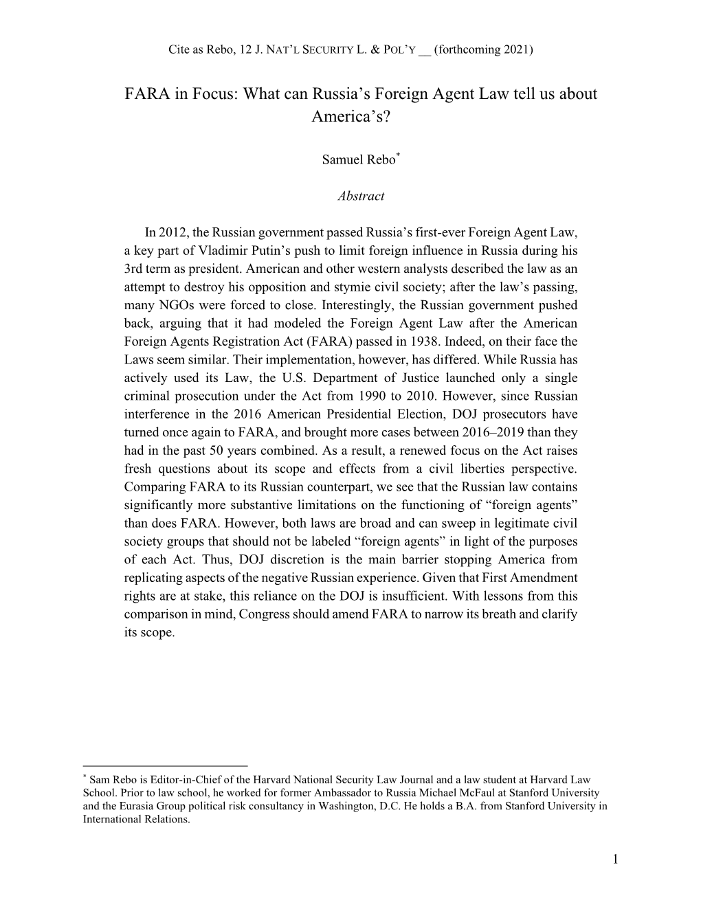 FARA in Focus: What Can Russia's Foreign Agent Law Tell Us About