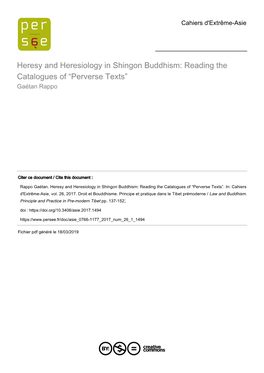 Heresy and Heresiology in Shingon Buddhism: Reading the Catalogues of “Perverse Texts” Gaétan Rappo